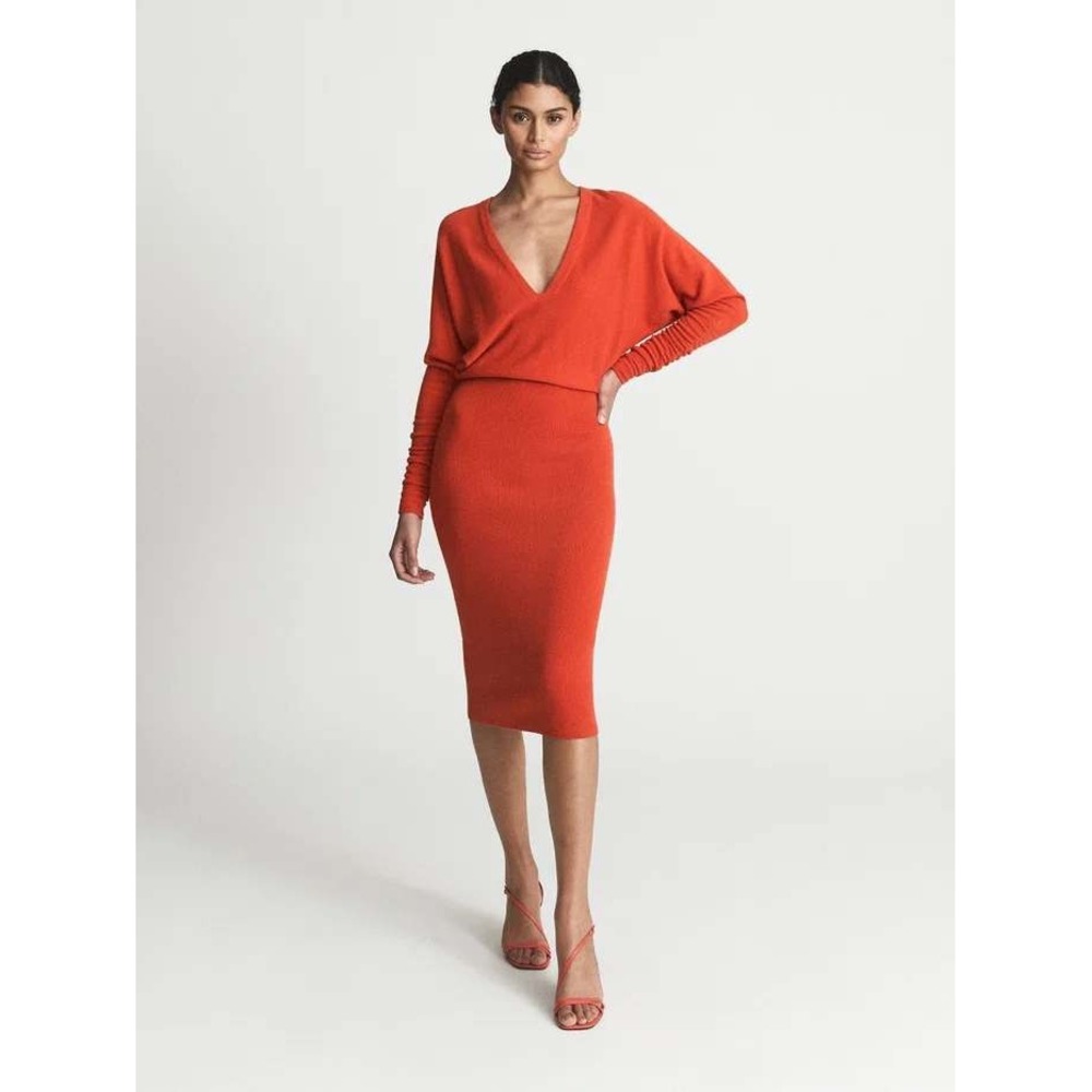 Reiss Jenna Wool Cashmere Blend Ruched Sleeve V-Neck Midi Dress Sz M Orange-Red